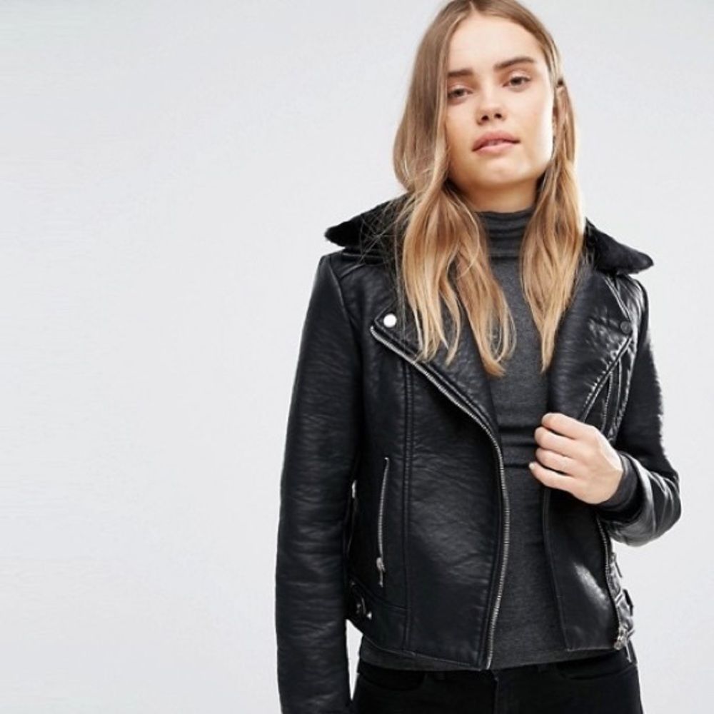 Asos Barney's Originals Biker Jacket Faux Fur